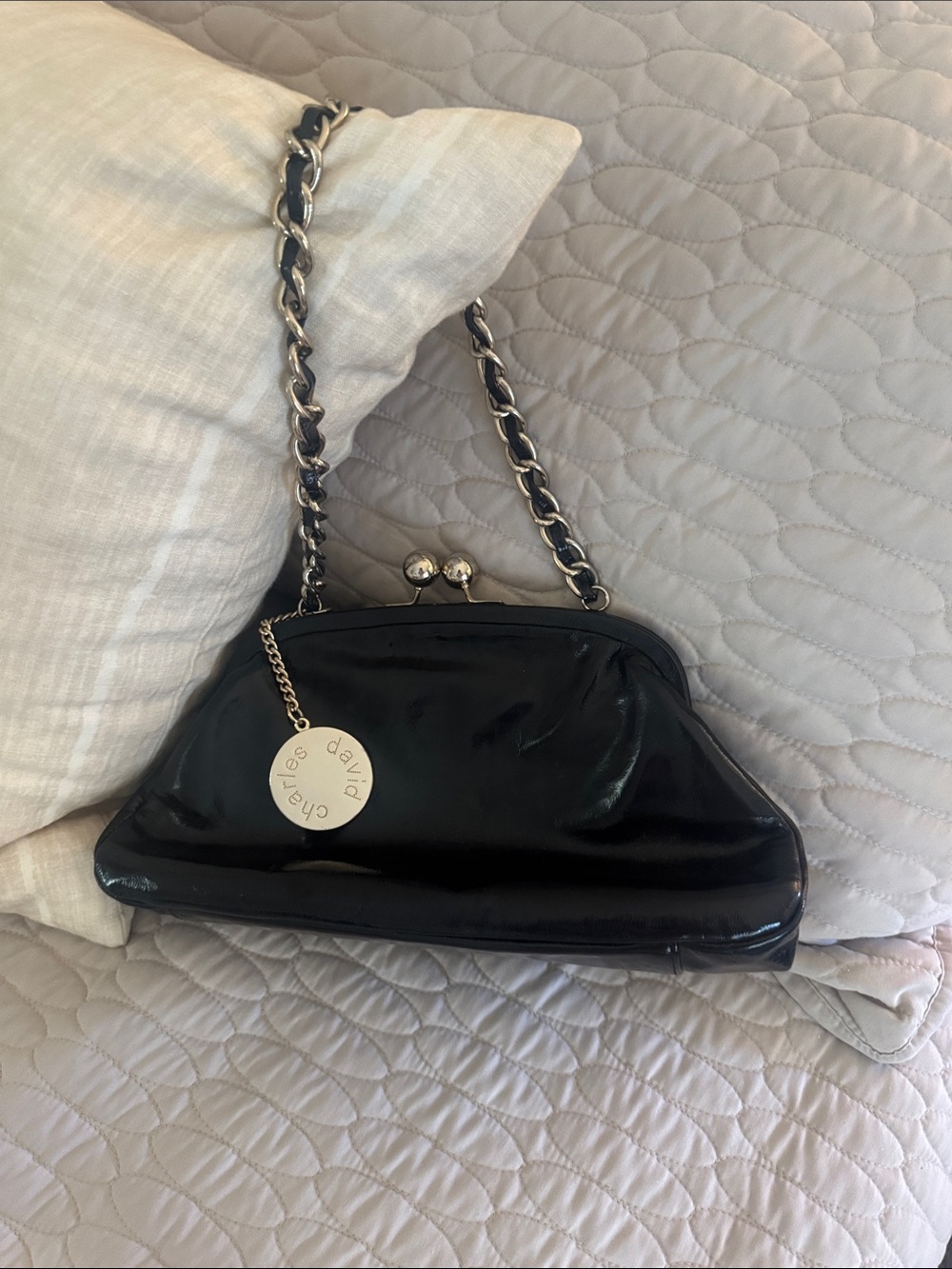 Charles David Black Patent Shoulder Bag with Chain Strap